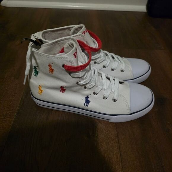 NWT-Polo Ralph Lauren White High-Top Sneakers with Multicolor Embroidery - Picture 15 of 16